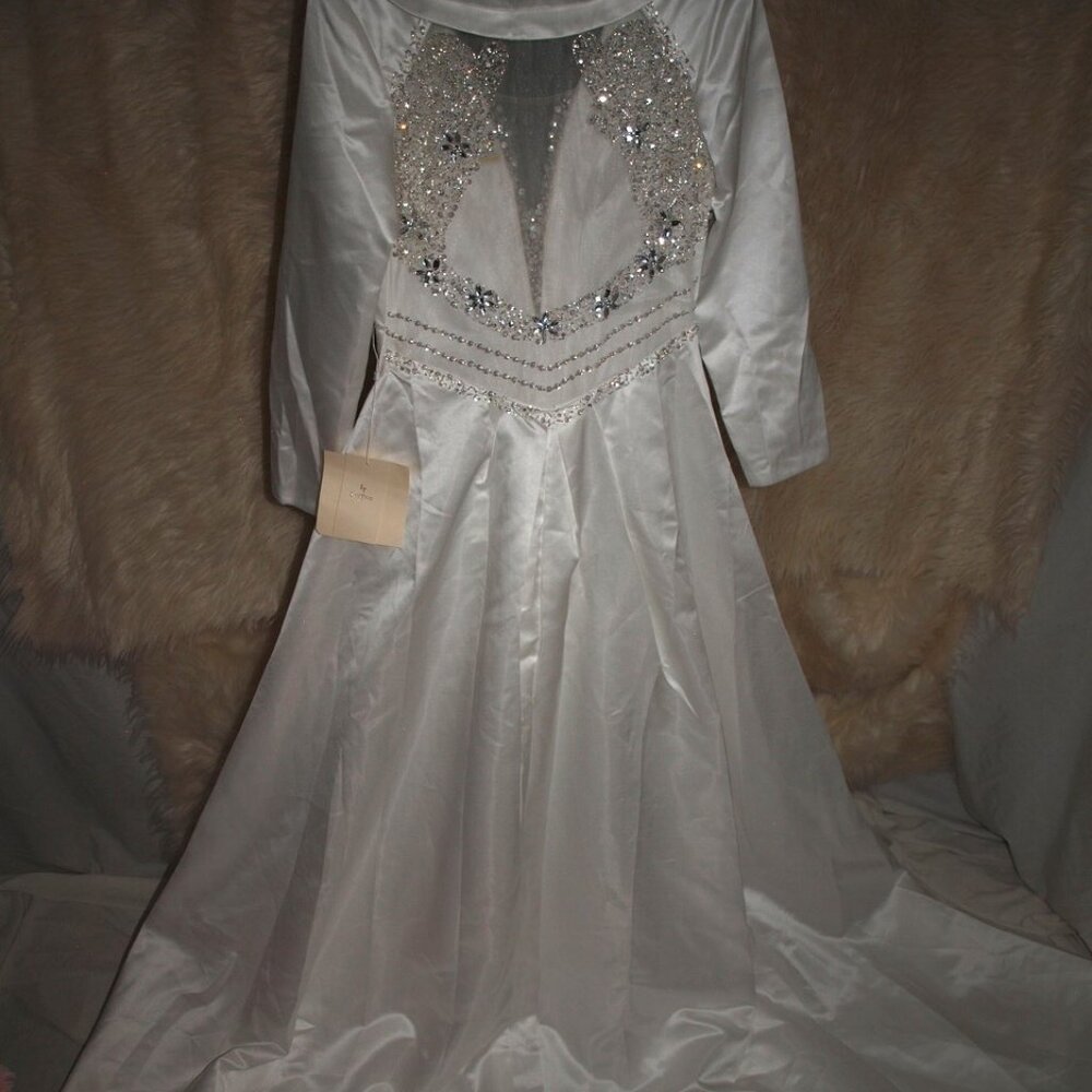 NEW White DRESS Long Satin BY LANTING Sheer Embellished Front&Back Size M